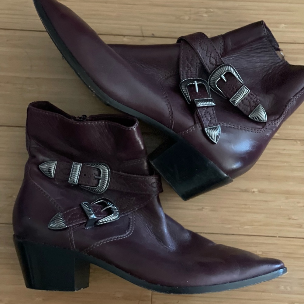 Frye Women's Burgundy Ankle Boots with Buckle Detail Size 7
